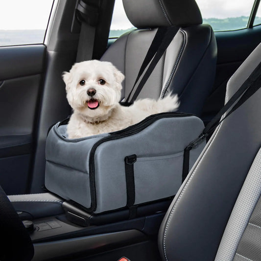 Center Console Pet Car Seat (Up to 9 lbs, W/ Safety Belts, Leash & Pockets)