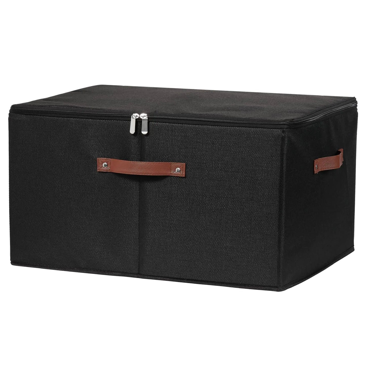 Extra-Large Foldable Storage Bin (Black, Cotton Linen, Zipper Lid, PU Handles)
