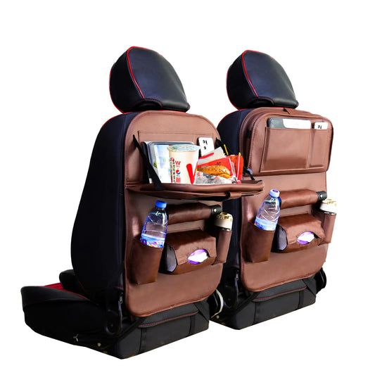 2-Pack PU Leather Backseat Organizer (Brown, W/ Foldable Tablet Tray)
