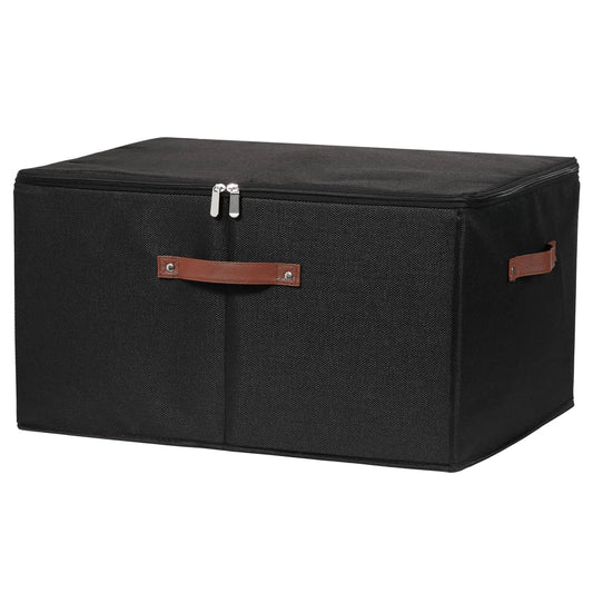 Extra-Large Foldable Storage Bin (Black, Cotton Linen, Zipper Lid, PU Handles)